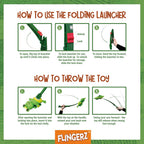 Instructions on how to use a folding launcher and throw a toy, branded as Flingerz.