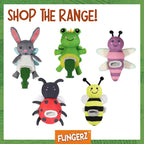 Set of colorful plush toys shaped like a rabbit, frog, bee, ladybug, and caterpillar with 'Flingerz' branding.