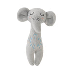 Gray plush elephant cat toy with embroidered details on a white background